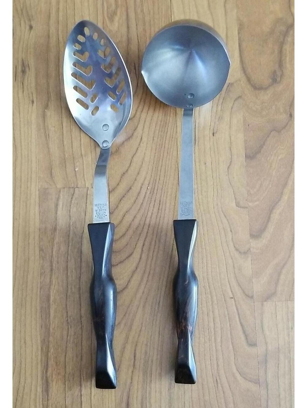 CUTCO Stainless 1713 Slotted Spoon & 1715 Ladle Marbled Brown Handles USA